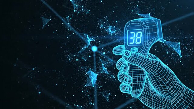 A hand holding a thermometer with a digital reading of 38 degrees amidst a futuristic network of connections and data points