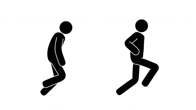 Stickman running in side view with two different running styles. Clean black silhouette pictogram man isolated on transparent background. Seamless loop animation