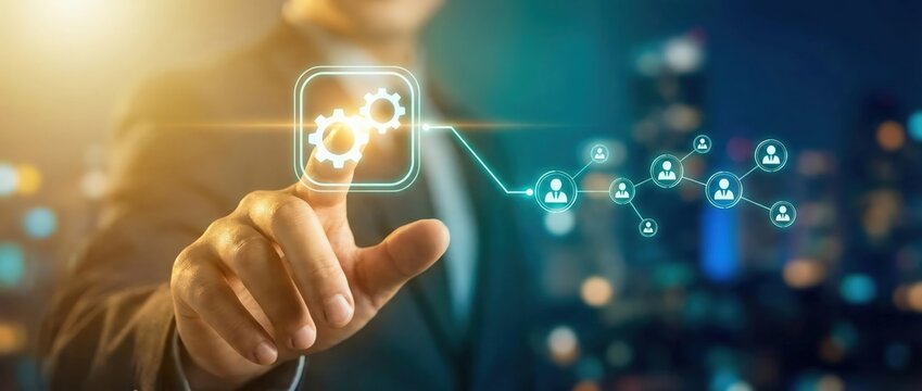 Businessman touching gears icon and network of people, concept of teamwork and business process - Powered by Adobe