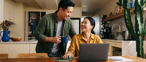 Asian couple working together on laptop in kitchen, smiling and laughing Concept of teamwork, partnership, and modern home office