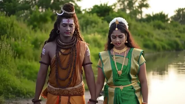 Hindu Gods holding hands with river background.