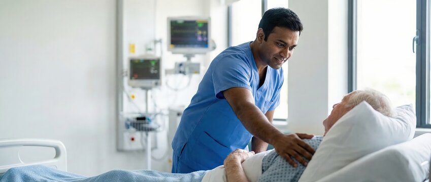 Indian male nurse caring for senior patient in hospital room Doctor comforting elderly man Healthcare, medical, and compassion