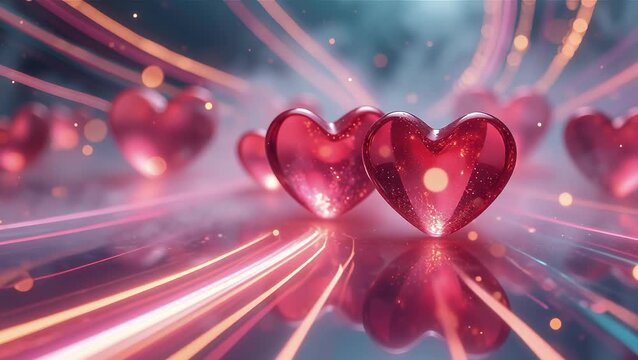 Vibrant Red Heart Shapes with Glowing Lights and Abstract Background