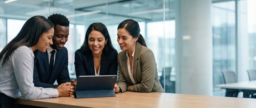 Diverse business team collaborating on tablet in modern office, smiling and engaged Concept of teamwork, success, and technology - Powered by Adobe