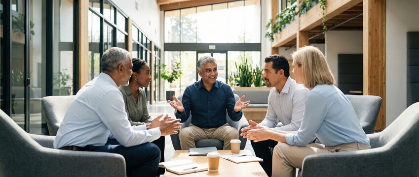 Diverse business team collaborating in modern office lounge, discussing ideas Senior professionals in meeting, positive teamwork - Powered by Adobe