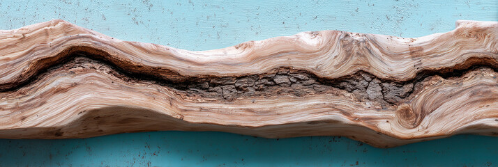Natural live edge slab of light brown wood with visible grain patterns and bark. Clean light blue background accentuates organic texture. Ready for use as tabletop or furniture element
