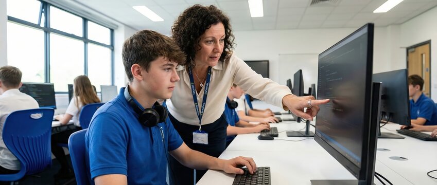 Teacher helping student with computer coding in classroom Education, technology, learning, and mentorship - Powered by Adobe