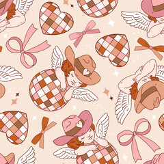 Seamless vector pattern with Valentine angel character. Cute cupid in cowboy hat with disco ball.	