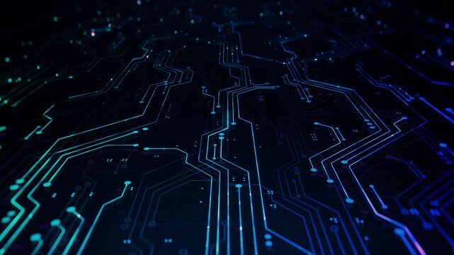 Seamlessly Loopable Animation of Neon Circuit Board Pattern. Modern Abstract Technology themed Background with PCB Colorful Lines and Motherboard Traces. Concept: Innovation in Electronics and Enginee