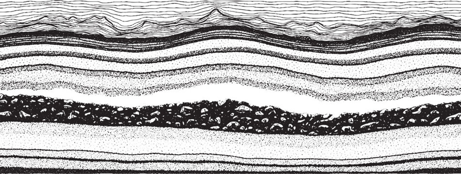 Geological Layers and Strata in Black and White Engraving Style.