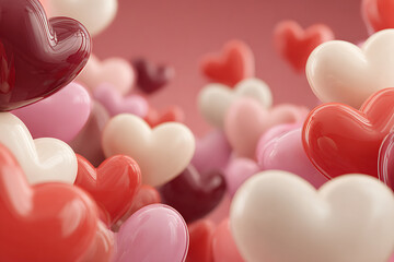 Close-up glossy heart balloons in red, pink and ivory fill a soft pastel background, creating a dreamy romantic scene perfect for Valentine’s Day designs, wedding cards and love themed decor