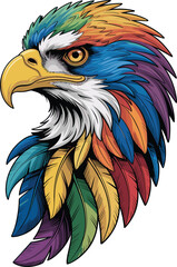 Fototapeta premium Colorful eagle illustration, vibrant feathered bird portrait, bold wildlife art, detailed vector style, isolated on white background, modern graphic design