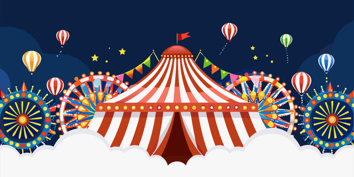 a colorful illustration of a circus tent with rides and hot air balloons