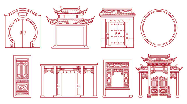 Traditional Chinese Architecture Line Art Set Isolated on white Background, Oriental Gates, Doors and Frames