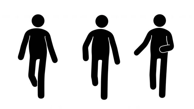 Stickman walking directly toward the camera in front view with three different walking styles. Clean black silhouette pictogram man isolated on transparent background. Seamless loop animation.