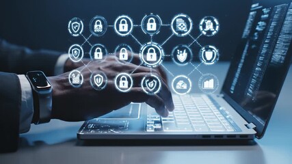 Hand typing on laptop with digital security icons - Powered by Adobe