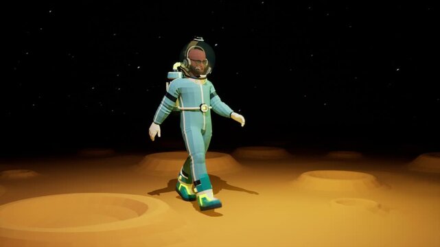 Cartoon Astronaut walking on cratered alien planet surface. Seamless loop 3d animation.
