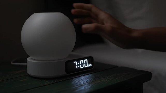 Hand interacting with a glowing alarm clock