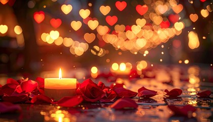 Abstract illustration of red rose petals and heart-shaped candles for Valentine's Day