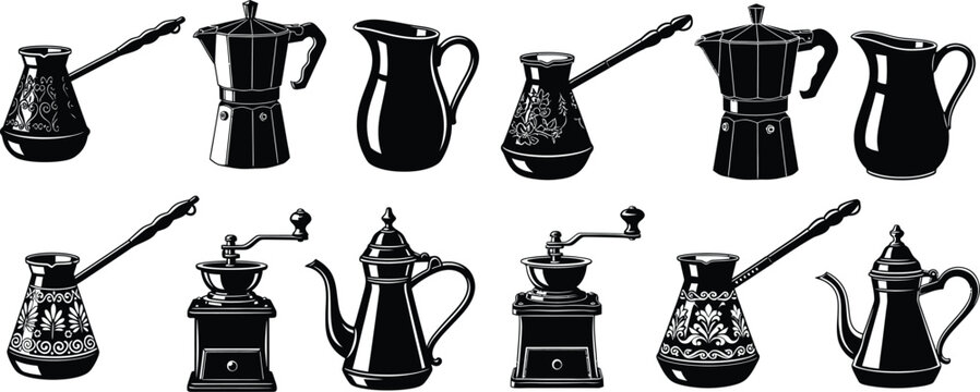 An assorted collection of coffee making equipment including Moka pots, grinders, and elegant Turkish coffee pots