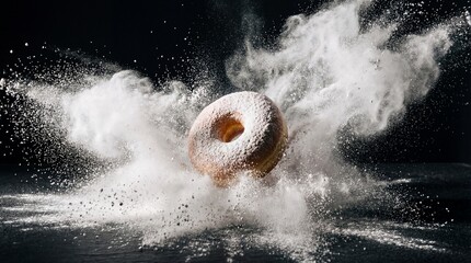 Dynamic explosion of white powdered sugar surrounding a classic sweet doughnut isolated on a deep black background. Baking and confectionery concept.