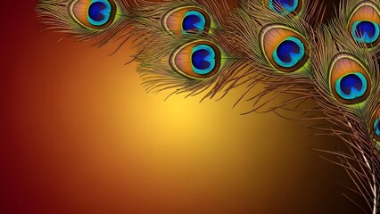 Vibrant peacock feathers with iridescent eyespots on gradient background