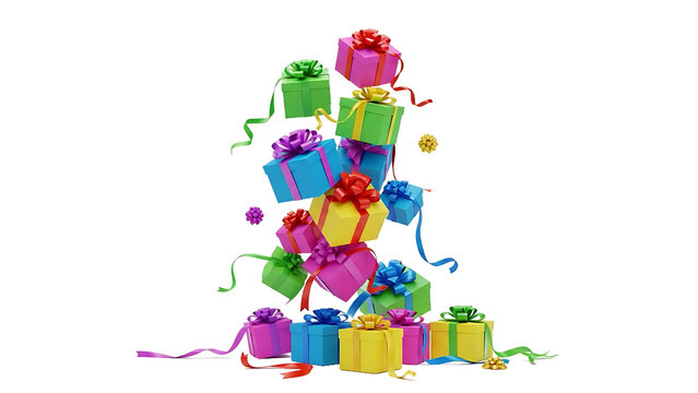 Vibrant gift boxes cascading down in a colorful explosion of surprise and delight