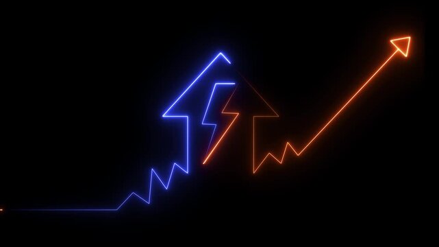 Neon home icon with up arrow lightning bolt sign animation on black background. Business up indicator icon motion. Glowing home business graph icon 4k video footage. 