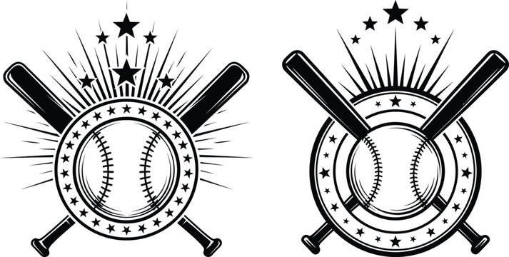 Classic baseball emblems with crossed bats a ball and radiating stars ideal for sports team logos