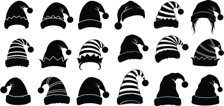 Collection of festive Christmas hats including Santa and elf designs with various patterns and pom poms