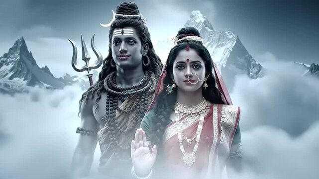 Hindu Gods Shiva and Parvati with divine figures.