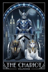 Heroic Chariot with Egyptian Statues and Urban Skyline at Night