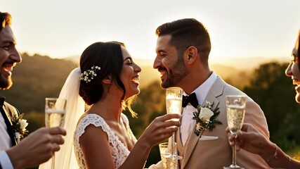 Wedding couple toasting with champagne