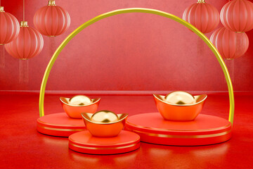 Chinese New Year Red Background with Gold Ingots, Festive 3D Render