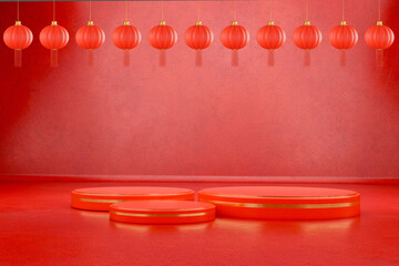 poduim empty with red background in concept Greeting background