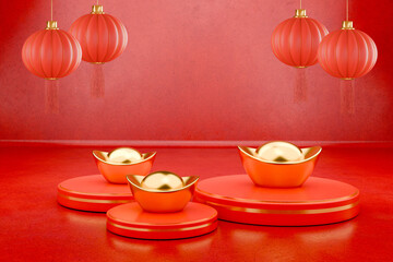 Golden Ingots on Festive Red Background