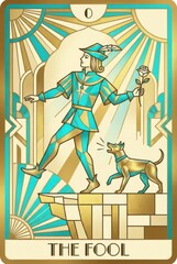 Colorful Tarot Card Illustration of The Fool with Dog and Flower