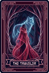 Mystical Traveler with Ghostly Wolf in Ethereal Forest Scene