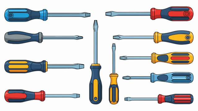 A collection of ten assorted screwdrivers with colored handles