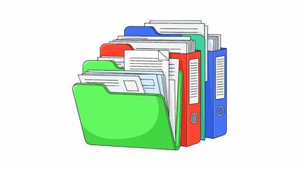 A colorful collection of file folders and binders overflowing with documents, organized for efficient record-keeping