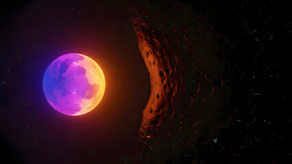 Glowing planet with the sun and moon in deep space