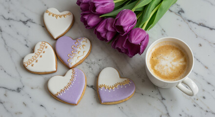 Heart-shaped cookies with purple tulips and coffee on marble table  