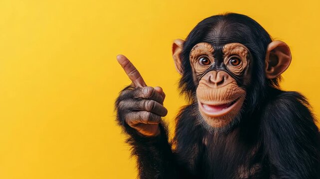 Monkey points with a raised finger against a yellow background in a playful moment captured indoors