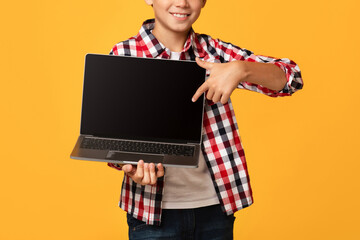Smiling attractive teenager boy pupil showing finger at laptop with blank screen, recommend website, isolated on orange background, cropped. Promotion school project on computer, online education