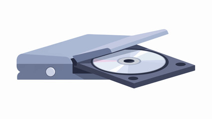 A grey disc player with an open tray revealing a silver CD