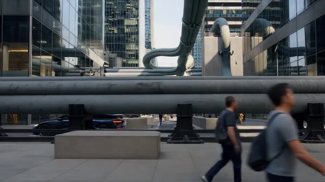 Ultra-realistic cinematic scene of massive data cables integrated into a modern technology district. Bold visual metaphor for data infrastructure, cloud computing and the physical scale of technology.