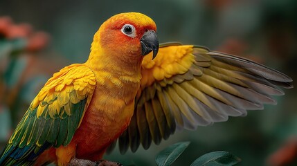 Striking sun conure parrot with wings partially spread showcasing its vibrant colors in nature