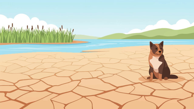 A lone dog sits on cracked dry earth beside a lake with tall reeds and distant hills