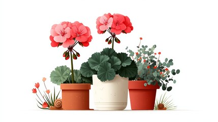 Vibrant illustration of blooming geranium flowers in decorative pots, showcasing lush green foliage and delicate plants, creating a lively and cheerful garden atmosphere with natural beauty