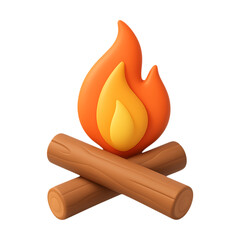 Cartoon campfire with glowing orange flames and wooden logs on transparent background